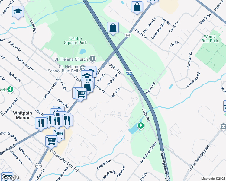 map of restaurants, bars, coffee shops, grocery stores, and more near 1371 Wick Lane in Blue Bell