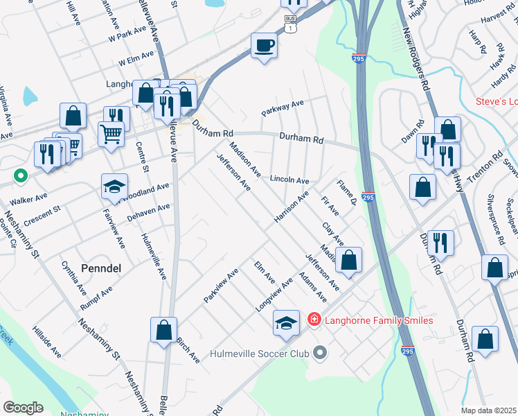 map of restaurants, bars, coffee shops, grocery stores, and more near 544 Jefferson Avenue in Langhorne