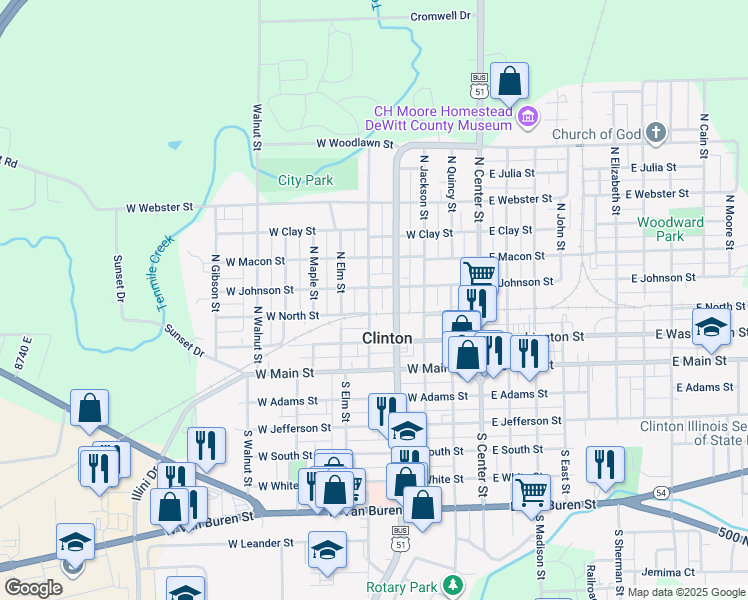 map of restaurants, bars, coffee shops, grocery stores, and more near 314 North Mulberry Street in Clinton