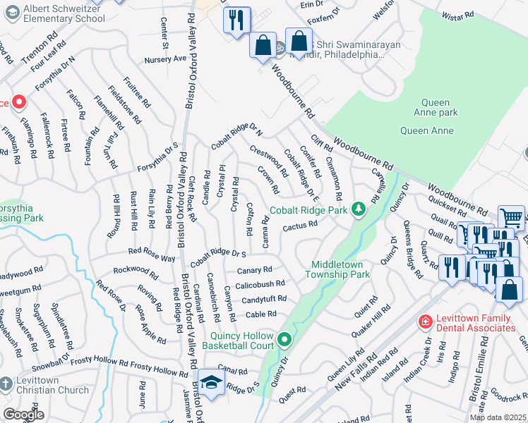 map of restaurants, bars, coffee shops, grocery stores, and more near 42 Curry Hill Road in Levittown