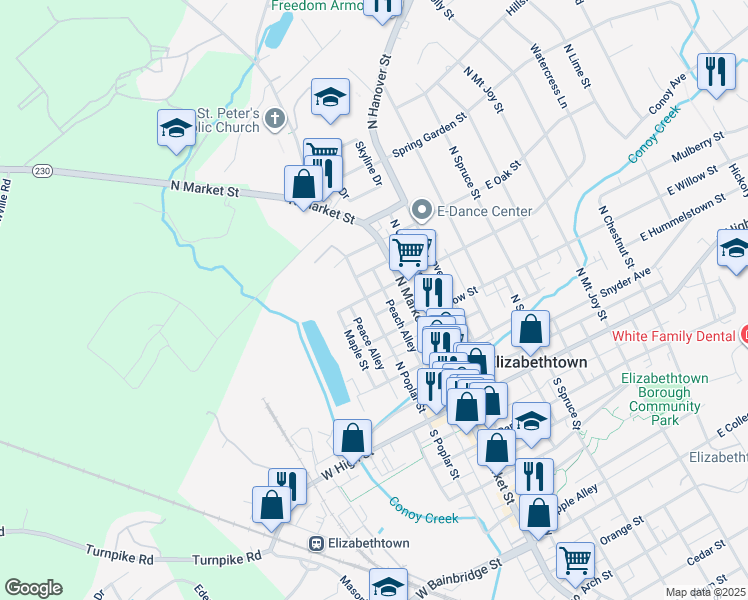 map of restaurants, bars, coffee shops, grocery stores, and more near 257 North Poplar Street in Elizabethtown