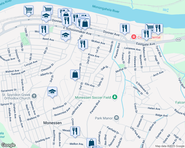 map of restaurants, bars, coffee shops, grocery stores, and more near 8 Luce Avenue in Monessen