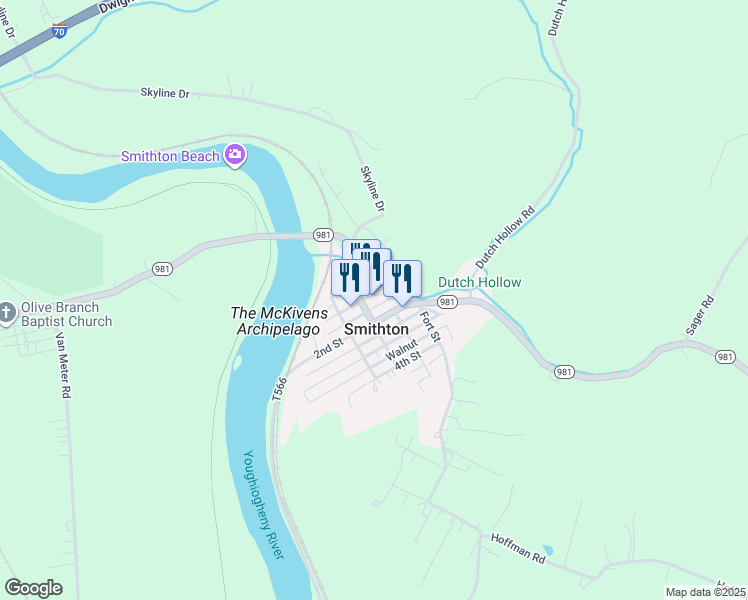 map of restaurants, bars, coffee shops, grocery stores, and more near 127 1st Street in Smithton