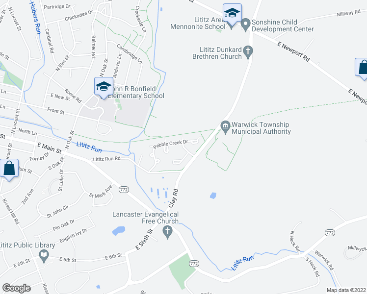 map of restaurants, bars, coffee shops, grocery stores, and more near 21 Stonecrest Drive in Lititz