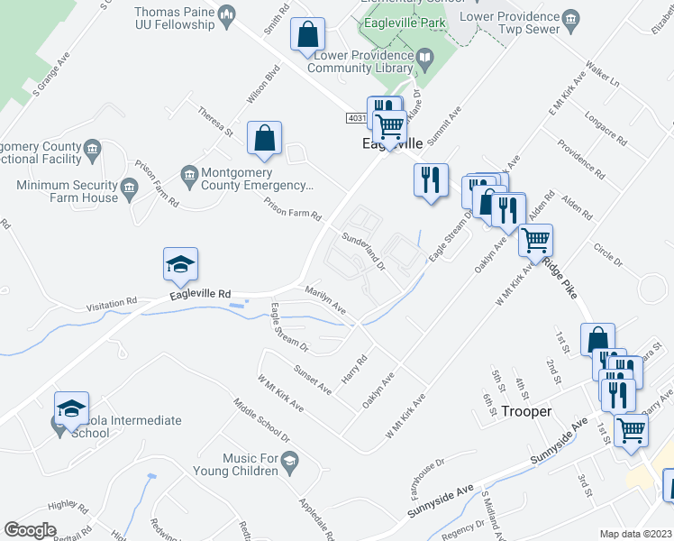 map of restaurants, bars, coffee shops, grocery stores, and more near Bayless Place in Eagleville