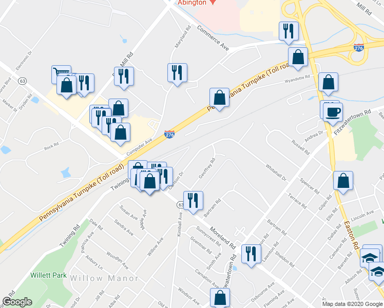 map of restaurants, bars, coffee shops, grocery stores, and more near 2150 Carlson Drive in Willow Grove