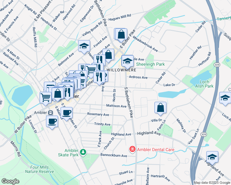 map of restaurants, bars, coffee shops, grocery stores, and more near 325 Euclid Avenue in Ambler