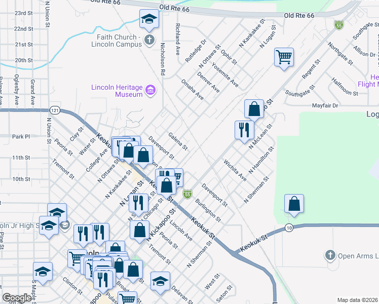 map of restaurants, bars, coffee shops, grocery stores, and more near Galena Street in Lincoln