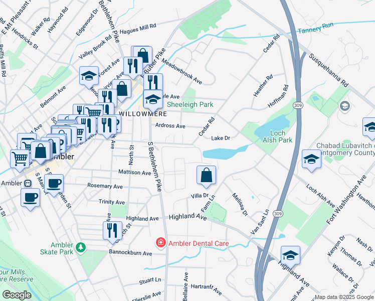 map of restaurants, bars, coffee shops, grocery stores, and more near 6 Lindenwold Terrace in Ambler