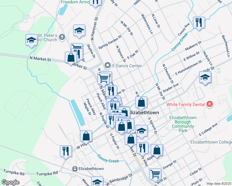 map of restaurants, bars, coffee shops, grocery stores, and more near 206 North Hanover Street in Elizabethtown