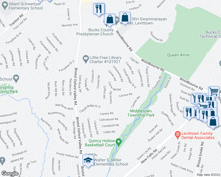 map of restaurants, bars, coffee shops, grocery stores, and more near 42 Curry Hill Road in Levittown