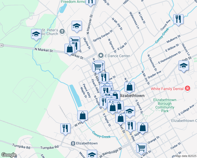 map of restaurants, bars, coffee shops, grocery stores, and more near 231 North Market Street in Elizabethtown