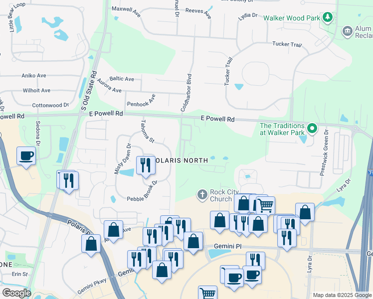 map of restaurants, bars, coffee shops, grocery stores, and more near 9188 Clovelly Street in Columbus