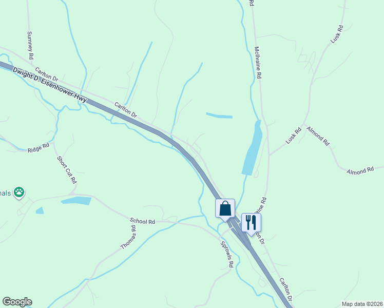 map of restaurants, bars, coffee shops, grocery stores, and more near Interstate 70 in Eighty Four