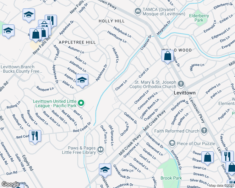 map of restaurants, bars, coffee shops, grocery stores, and more near 268 Crabtree Drive in Levittown