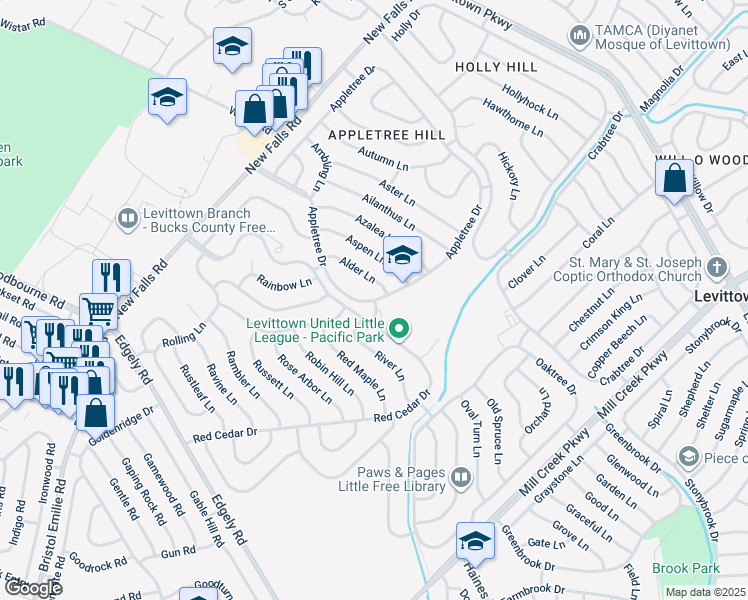 map of restaurants, bars, coffee shops, grocery stores, and more near 109 Appletree Drive in Levittown