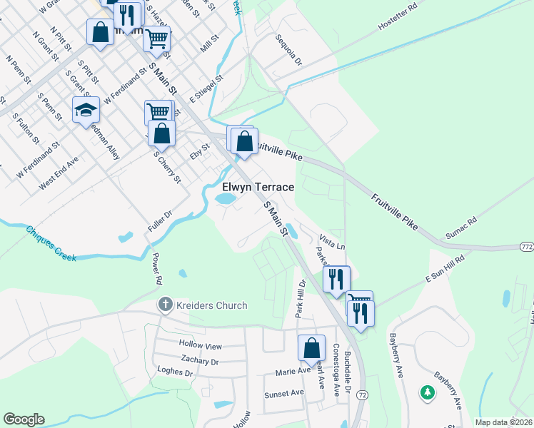 map of restaurants, bars, coffee shops, grocery stores, and more near 446 South Main Street in Manheim
