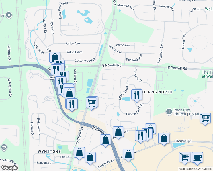 map of restaurants, bars, coffee shops, grocery stores, and more near 889 Woodmeadow Way in Columbus