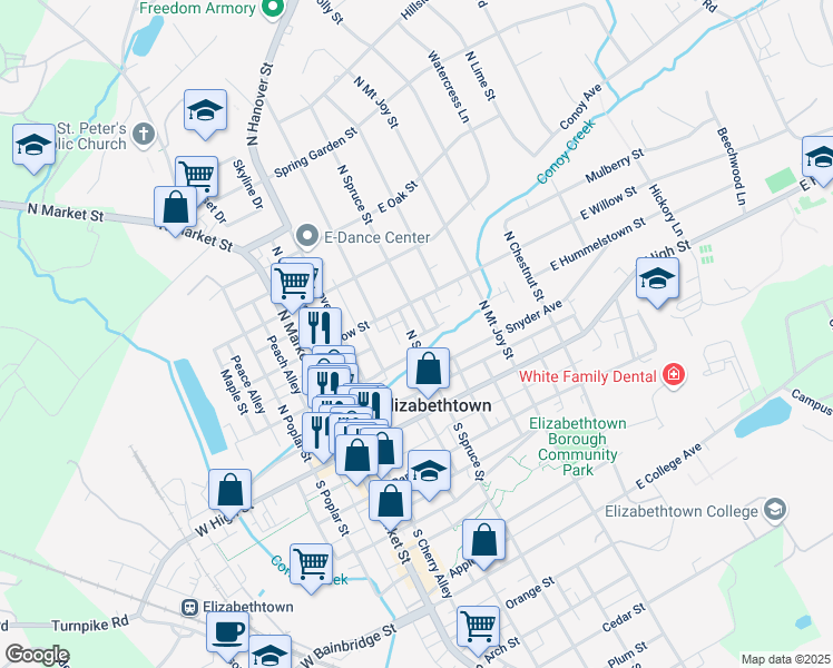 map of restaurants, bars, coffee shops, grocery stores, and more near 123 North Spruce Street in Elizabethtown