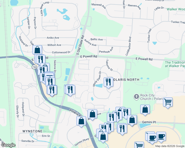 map of restaurants, bars, coffee shops, grocery stores, and more near 9197 Stream Pebble Drive in Columbus