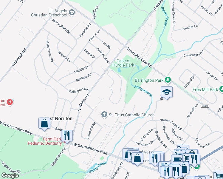 map of restaurants, bars, coffee shops, grocery stores, and more near 408 Stony Way in East Norriton