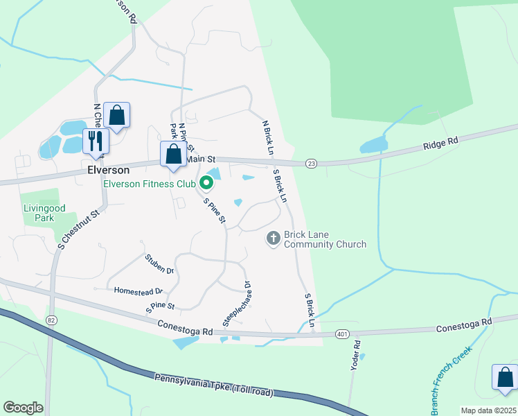 map of restaurants, bars, coffee shops, grocery stores, and more near 29 Stable Drive in Elverson