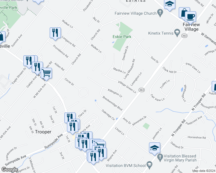 map of restaurants, bars, coffee shops, grocery stores, and more near 4021 Killington Court in Norristown