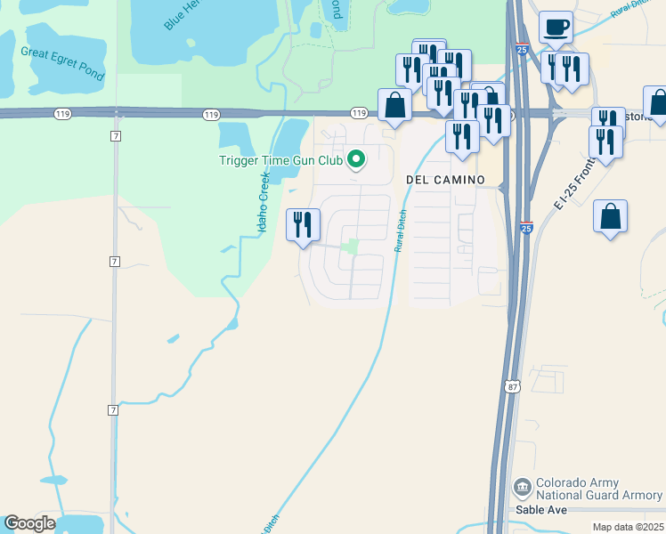 map of restaurants, bars, coffee shops, grocery stores, and more near 10587 Forester Place in Longmont