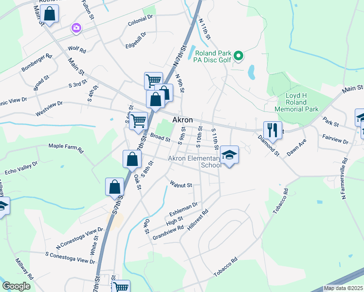 map of restaurants, bars, coffee shops, grocery stores, and more near 101 South 9th Street in Akron