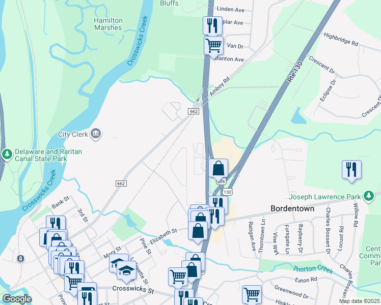 map of restaurants, bars, coffee shops, grocery stores, and more near 840 U.S. 206 in Bordentown