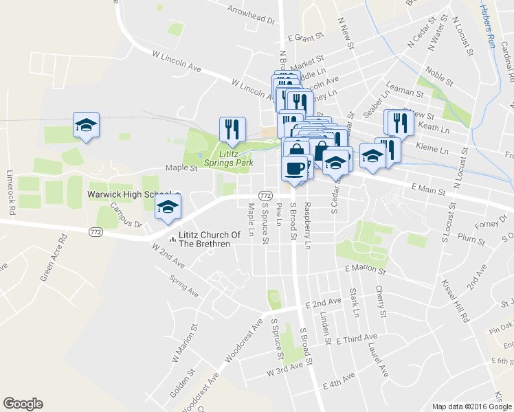 map of restaurants, bars, coffee shops, grocery stores, and more near 112 South Spruce Street in Lititz