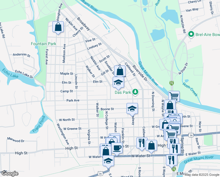 map of restaurants, bars, coffee shops, grocery stores, and more near 826 Nicklin Avenue in Piqua
