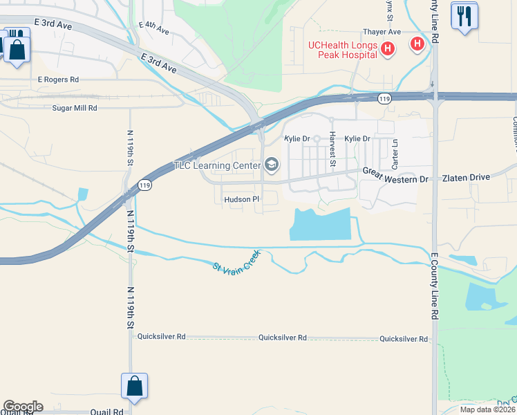 map of restaurants, bars, coffee shops, grocery stores, and more near 1533 East 3rd Avenue in Longmont