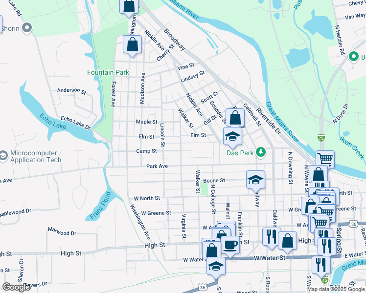 map of restaurants, bars, coffee shops, grocery stores, and more near 832 Camp St in Piqua