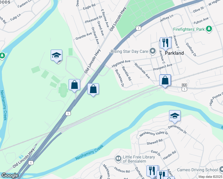 map of restaurants, bars, coffee shops, grocery stores, and more near 1768 Highland Avenue in Langhorne