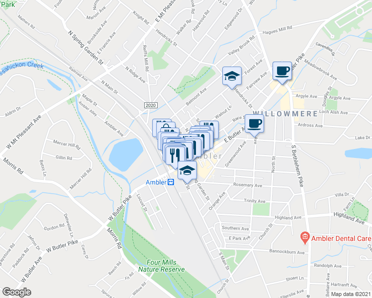 map of restaurants, bars, coffee shops, grocery stores, and more near 23 North Spring Garden Street in Ambler