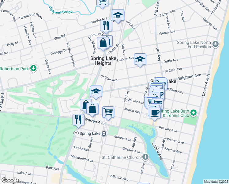 map of restaurants, bars, coffee shops, grocery stores, and more near 525 Brighton Avenue in Spring Lake