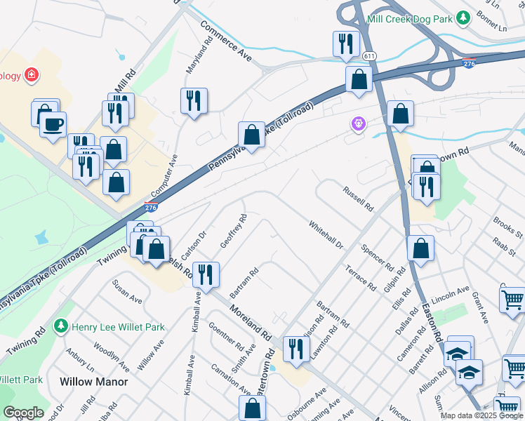 map of restaurants, bars, coffee shops, grocery stores, and more near 3505 Stanley Lane in Willow Grove