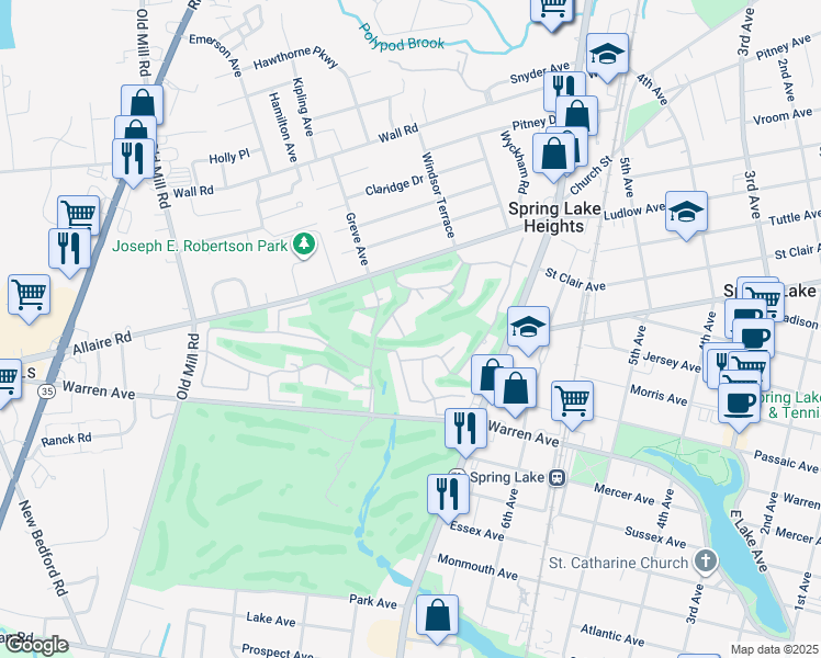 map of restaurants, bars, coffee shops, grocery stores, and more near 60 Linden Court in Spring Lake