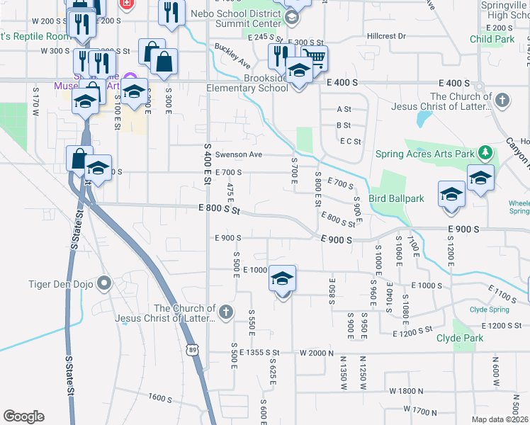 map of restaurants, bars, coffee shops, grocery stores, and more near 607 East 800 South Street in Springville