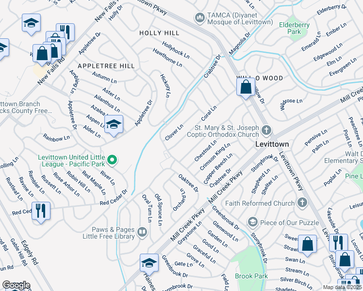 map of restaurants, bars, coffee shops, grocery stores, and more near 16 Coral Lane in Levittown