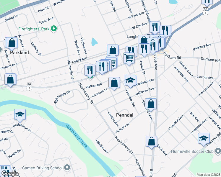 map of restaurants, bars, coffee shops, grocery stores, and more near 213 West Highland Avenue in Langhorne