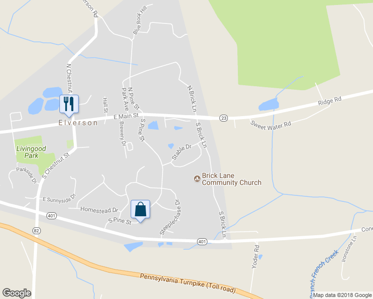 map of restaurants, bars, coffee shops, grocery stores, and more near 29 Stable Drive in Elverson