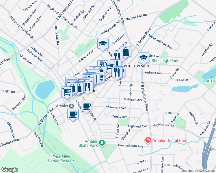 map of restaurants, bars, coffee shops, grocery stores, and more near 139 Greenwood Ave in Ambler