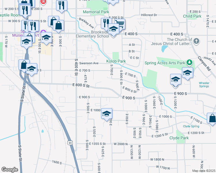 map of restaurants, bars, coffee shops, grocery stores, and more near 677 East 800 South Street in Springville