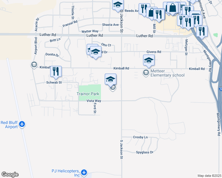 map of restaurants, bars, coffee shops, grocery stores, and more near 1770 South Jackson Street in Red Bluff