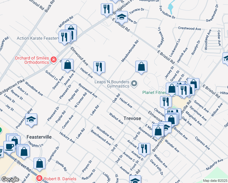 map of restaurants, bars, coffee shops, grocery stores, and more near 354 Hazel Avenue in Trevose