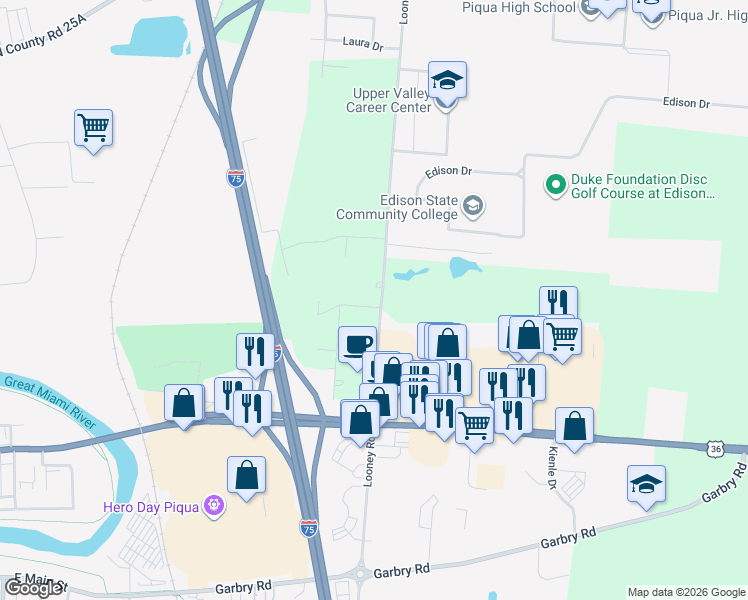 map of restaurants, bars, coffee shops, grocery stores, and more near 8270 Looney Road in Piqua