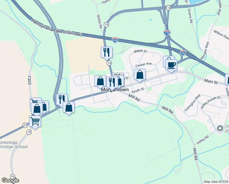 map of restaurants, bars, coffee shops, grocery stores, and more near in Morgantown