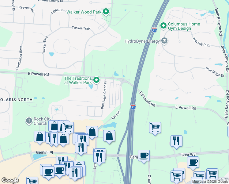 map of restaurants, bars, coffee shops, grocery stores, and more near 9300 Polaris Green Drive in Columbus